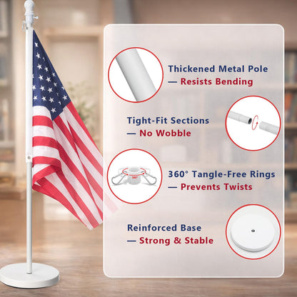Flag Stand Indoor - 1" Heavy Duty Metal Flag Pole Set with Base,6-8ft Adjustable,Portable & Free Standing For Office,Meeting Room,Classroom,Entry Area,Outdoor Porch Deck (White)