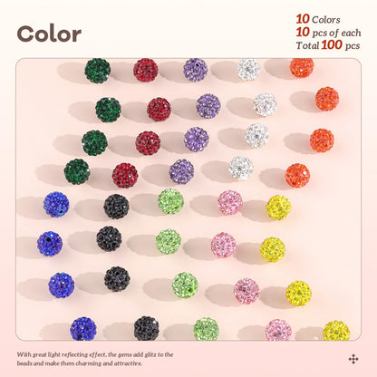 100 pcs 10mm Rhinestone Beads for Jewelry Making, 10 Mixed Colors Shiny Round Disco Ball Beads Bulk, Sparkle Crystal Clay Christmas for Bracelet Baseball Necklace Earring Crafting and DIY