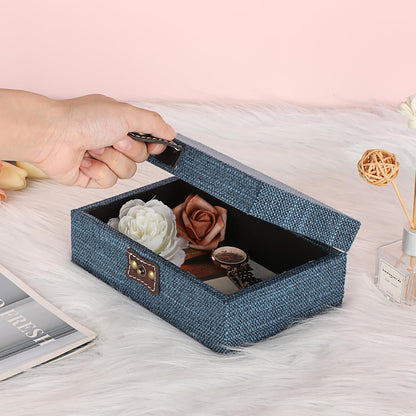Hipiwe Treasure Chest Jewelry Box - Wooden Decorative Box with Clasp Linen Covered Memento Case Box Rectangular Keepsake Box Photos Storage Organizer Home Decor,Blue
