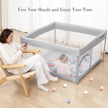 Foldable Baby Playpen 50"×50", Out-of-the-Box Ready Playpen for Babies and Toddlers, Portable Play Yard with Breathable Mesh & ASTM F406 Certified(Light Grey)