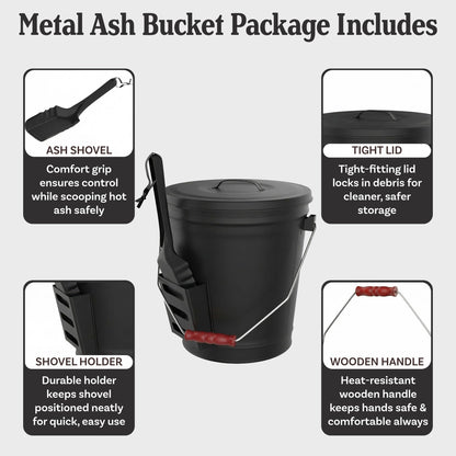 Home-Complete 4.75 Gallon Black Ash Bucket with Lid and Shovel-Essential Tools for Fireplaces, Fire Pits, Wood Burning Stoves-Hearth Accessories