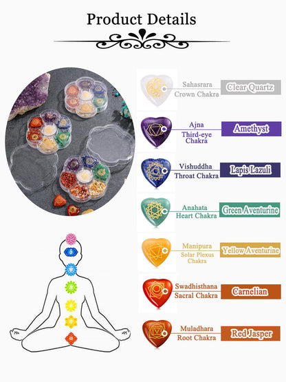 MANIFO 7 Chakra Crystal Stones Set Healing Crystals Gemstones with Heart Shape Engraved Chakra Symbol Polished Chakra Stone for Meditation Balancing Gift for Christmas