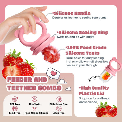 Baby Food Feeder Set, 2 Packs Fruit Feeder & Breastmilk Popsicle Molds Freezer Tray with Lid, Silicone Fruit Feeder to Teething Relief, Introduce New Foods, Baby Feeding Essentials(Red+Beige)