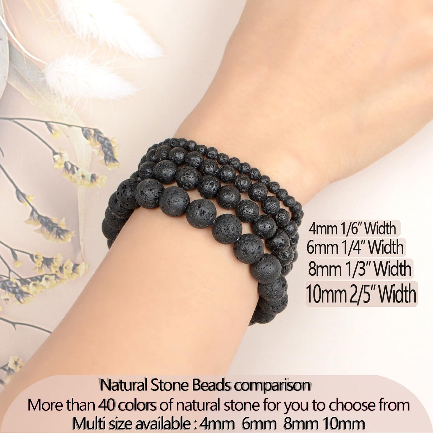LPBeads Handmade Natural Gemstone Stretch Elastic 4mm Black Lava Bracelet Healing Crystal Round Stone Beads Jewelry Gifts for Women Men