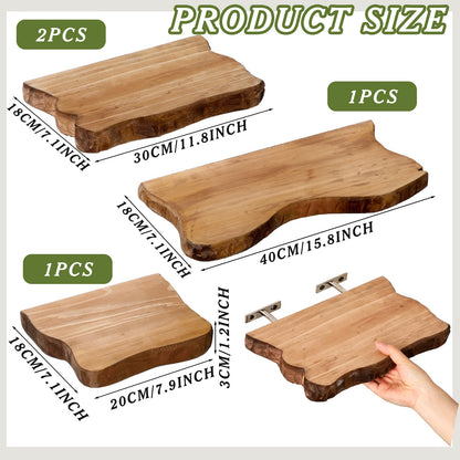 Pinkunn 4 Pcs Floating Shelves for Wall Wooden Live Edge Shelf Wall-Mounted Natural Solid Wood Bedroom Kitchen Storage Living Room Nursery Decor (15.8/11.8/7.9 Inch)