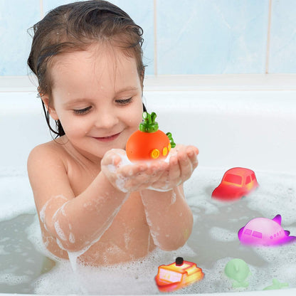 6 Packs No Hole Boat Bath Toy Set, Light up Changing Color in Water, Floating Rubber Bathtub Toys for Baby Toddler Infant Boy Girl Kid Play, Led Growing Pal in Shower Bathroom Tub or Swimming Pool