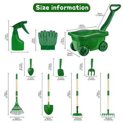 Duckura Kids Gardening Tools Set - 10pcs Wheelbarrow Set for Kids with Shovel, Rake, Leaf Rake, Summer Outdoor Yard Digging Weed Toys, Easter Birthday Gifts for Boys Girls Age 2 3+ Years(Green)