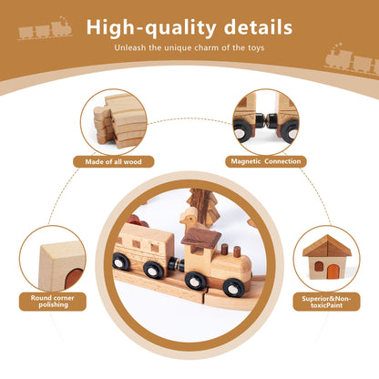 Miosea 32PCS Wooden Train Set for Toddlers, 10.6 by 8.66 Inch Compact Size Double-Side Tracks Expandable Montessori Toys Compatible with Educational Fine Motor Skills Toy for 3 Year Old Boys Girls