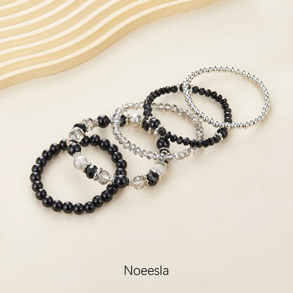 Noessla Beaded Pearl Stretch Bracelet Silver Stackable Crystal Beads Bracelets Trendy Costume Jewelry Mothers Day Gifts for Women(Black)