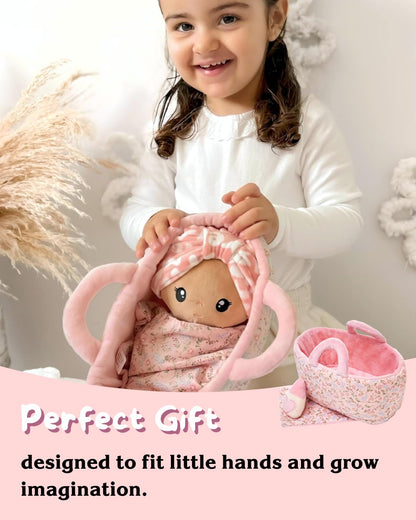 LeyaDoll Soft Baby Doll Set for Toddlers - Personalized Plush Doll Toys with Bassinet, Blanket and Bottle, First Baby Doll Accessories (9'') for Girls Pretend Play and Sleeping Cuddle - Cherry Baby