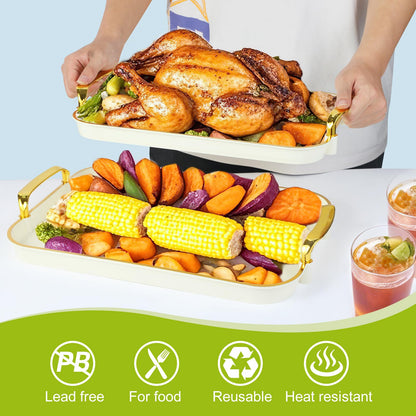 Zufudo 3 Pack Serving Tray with Handles, Stackable Reusable Trays for Serving Food, Plastic Serving Platters for Party, Charcuterie, Fruit, Appetizer, Cream Gold
