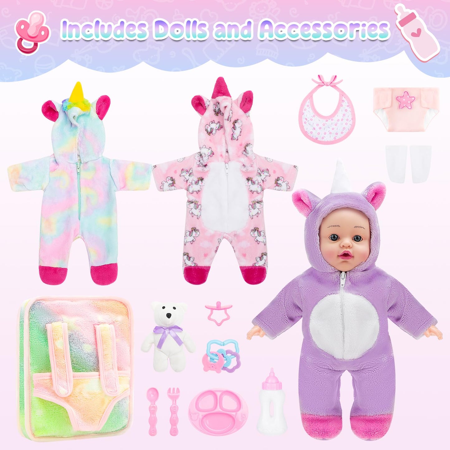deAO 12 Inch Soft Baby Doll Backpack Glow in Dark Carrier Playset Toys Baby Care Toys Set with 12''Doll Clothes Bottle Accessories Birthday Gift for Toddlers Boys Girls