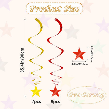 BEISHIDA Red Gold Star Hanging Swirl Ceiling Hanging Decorations for Happy New Year 2026 Party Spring Festival Chinese Lunar Valentine Graduation Birthday Wedding Decorations, Pack of 15