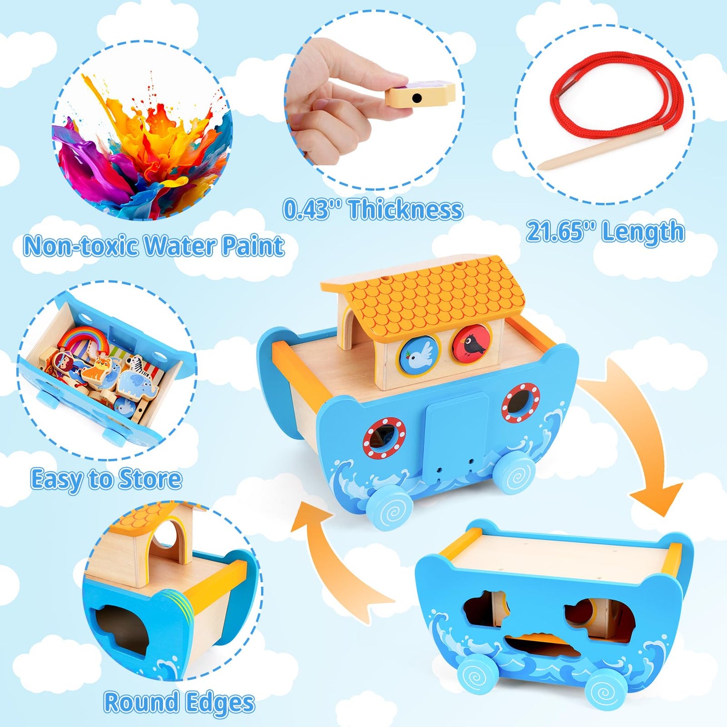 Toddlers Noah's Ark Toys with Wooden Animal Shape Sorters, Baptism Gifts for Girls Boys 2 3 4 Years Old, Montessori Educational Toys for Toddlers, Bible Story Book for Kids Ages 2-4