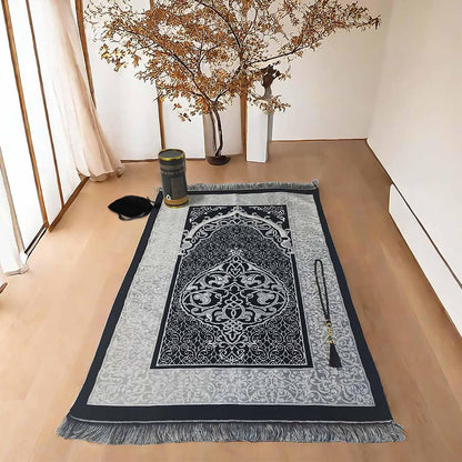 Muslim Prayer Rug and Prayer Beads with Gift Box, Soft Islamic Prayer Mat, Islamic Gifts Set, Prayer Carpet Mat, Sajadah/Janamaaz/Seccade (Black)