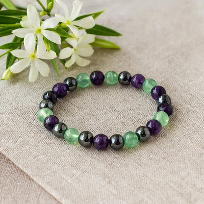 PRECIOUS PEBBLE Amethyst, Fluorite, Hematite Bracelet for Men & Women – Natural 8mm Beads for Calm, Focus & Inner Balance – Adjustable Stretch Fit Crystal Bracelets for Daily Wear & Meaningful Gift