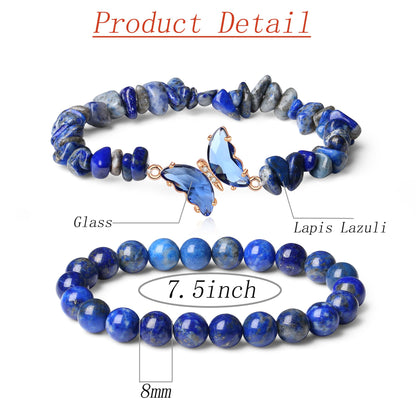 DUQGUHO Blue Bracelets for Women Lapis Lazuli Bracelet Blue Beaded Bracelets for Women Healing Bracelets for Women Butterfly Bracelets Blue Gemstone Bead Jewelry 8mm Blue Gifts for Women 2Pcs