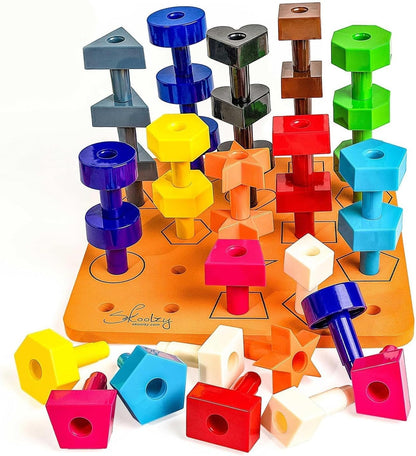 Skoolzy Peg Board Set - Montessori Toys for 2 Year Old - 38 Pc Plastic Peg Board for Kids with Shapes - Occupational Therapy Toys with Pegs, Dice, Lacing String & Storage Bag