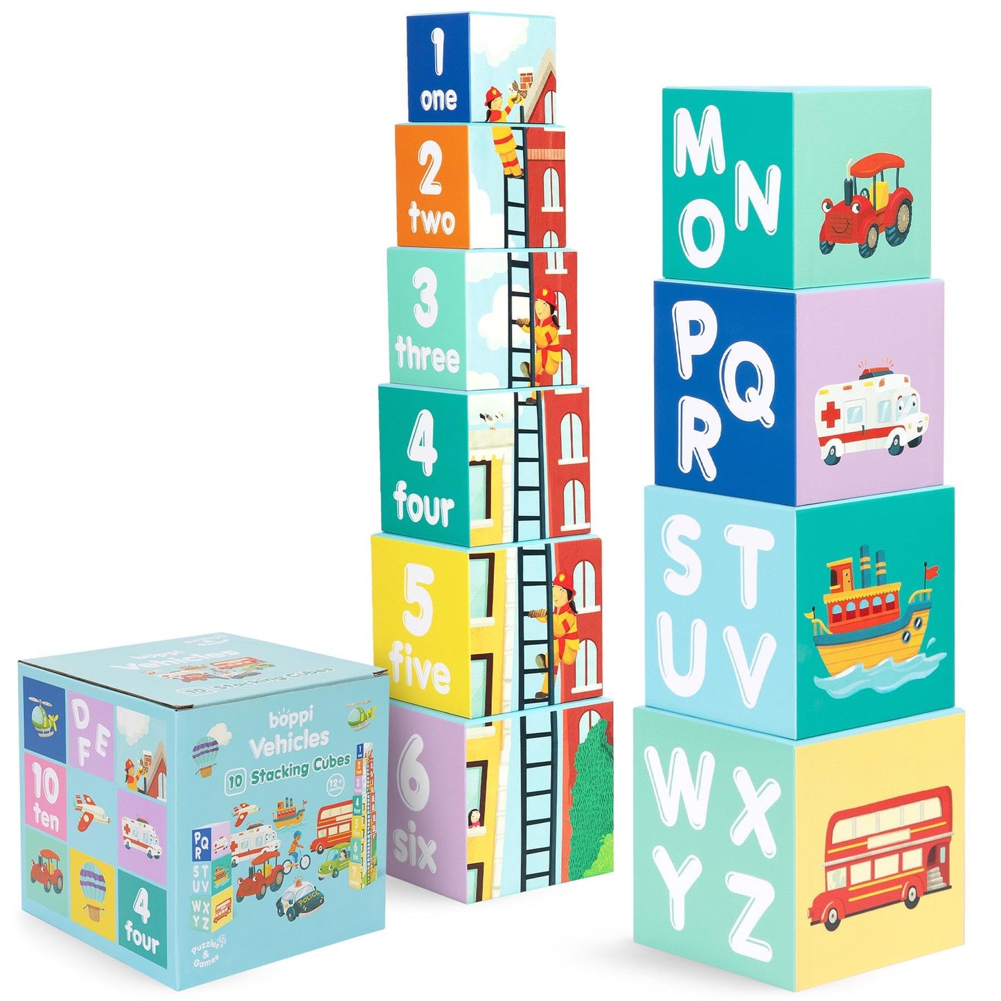 boppi Baby Stacking Blocks Vehicle Toys with Letters and Numbers, Montessori Cubes for Toddlers, Preschool Learning Toys