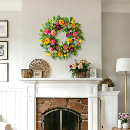 CHvista Spring Wreaths for Front Door 24 Inch Outdoor Spring Wreath with Peony Rose Ranunculus & Eucalyptus,Handmade Silk Summer Wreaths for Front Door,Spring Door Wreath for Porch Home Wall Window