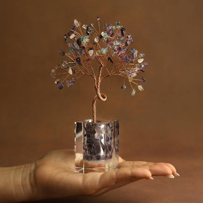 Fluorite Crystal Tree 6.5 Inch Handmade Gem Tree with 147 Stones Office Home Room Decor, Healing Energy Plant for Desk, Gift for Women and Men, Spiritual Meditation Decor