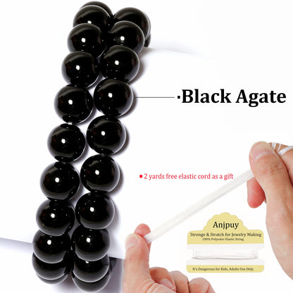 10mm Natural Black Agate Round Bead - 35PCS Bulk Gemstone Beads for Jewelry Making, DIY Bracelets, Necklaces - Includes Crystal Stretch Cord - Beads for Crafting Gifts