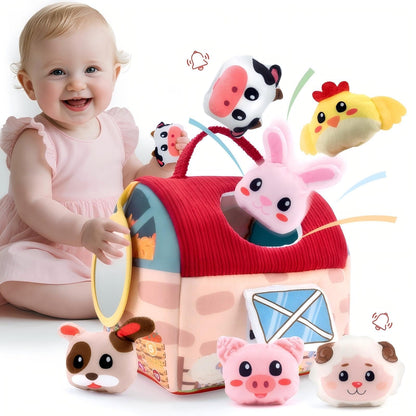 OKREVIEW Easter Baby Toys 6–12 Months, Montessori Sensory Farm Barn with Plush Animals, Rattles, Crinkle Paper & Mirror – First Birthday Gift, Easter Basket Stuffer for Babies