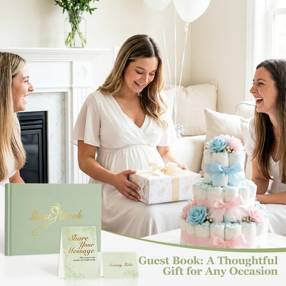 Guest Book for All Occasions – Sage Green Linen Hardcover with Gold Foil, 120 Acid-Free Blank Pages, Includes Table Sign & Welcome Card | 8.66x6.69" Sign-In Book for Wedding, Garden Party & More