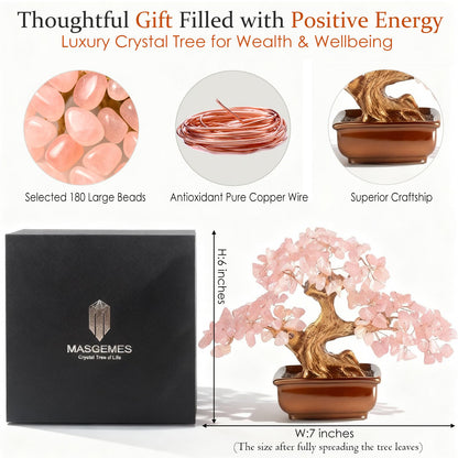 MASGEMES Rose Quartz Crystal Tree of Life – Handmade Gemstone Bonsai Tree with 180 Large Chips – Healing Crystal Feng Shui Tree for Love, Positive Energy & Home Office Decor (6 Inches)