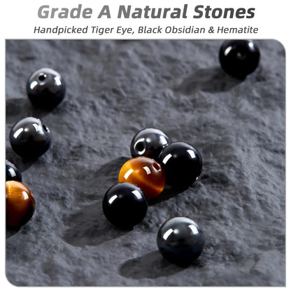 CATHESSE 2PCS Triple Protection Bracelet Set, Natural Tiger Eye Black Obsidian Hematite Beaded Stretch Bracelets for Men Women, Handmade Crystal Jewelry Gift for Stress Relief & Balance (Guardian Stack)