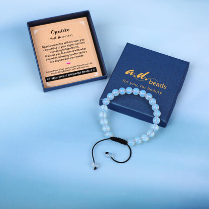 AD Beads 8mm Opalite - Self-Descovery - Handmade Natural Stone Crystal Bracelet with Adjustable Macrame String - Yoga Healing Power Energy Gifts for Men and Women