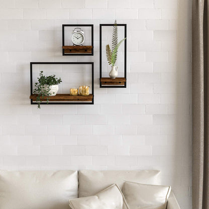 DELFOY Metal Frame Rustic Wooden Floating Hanging Shelves, Home Decor Wall Mounted Display Organizing Shelf for Living Room, Bedroom, Office Bathroom. Set of 3