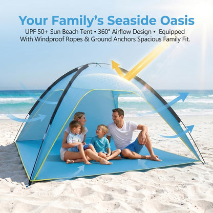 Beach Tent Sun Shelter, Portable Pop Up Beach Tent for 4-5 Person with UPF 50＋ UV Protection, Easy Setup Lightweight Waterproof Ventilation Design Family Sun Shelters for The Beaches