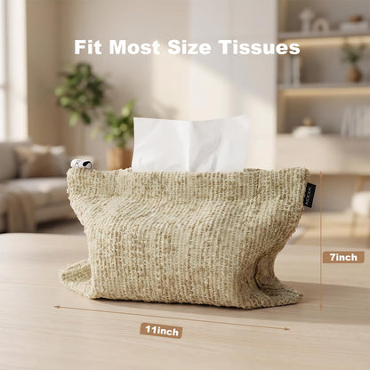 Nordic Forest Style Tissue Holder Bag Soft Khaki Chenille Fabric Pocket Tissue Holder Reusable Decorative Holder Decorations for Home Office Bathroom Car 10.6×7 inches