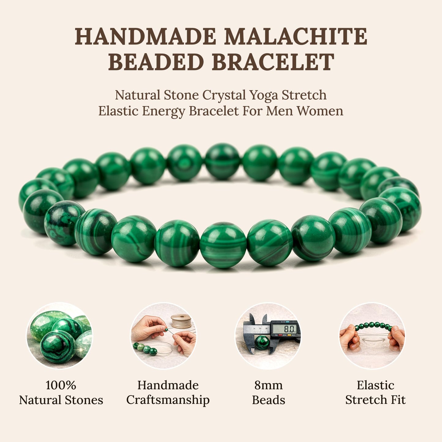 Elm City Direct 8mm Natural Stone Beaded Bracelet – Unisex Crystal Stretch Bracelets for Men & Women, Chakra & Healing Jewelry, Gift-Ready Beaded Bracelets (Malachite, 8mm)