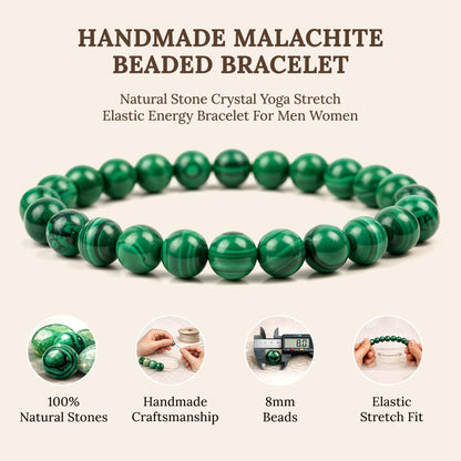 Elm City Direct 8mm Natural Stone Beaded Bracelet – Unisex Crystal Stretch Bracelets for Men & Women, Chakra & Healing Jewelry, Gift-Ready Beaded Bracelets (Malachite, 8mm)