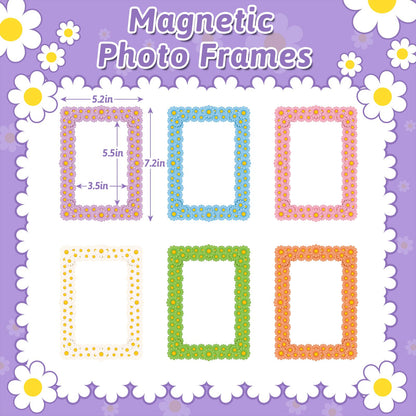 SUNEZLGO 6 Pack Magnetic Picture Frame, 4 x 6 Inches Fridge Magnetic Photo Frames, Magnetic Photo Frames for Refrigerator, Daisy Design Picture Frames for Home School Office