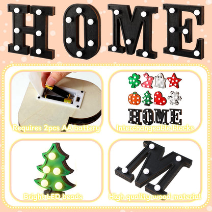 Aurelema Interchangeable Home Table Signs with 8 Pcs Seasonal Icons Wooden "home" Letter Signs with LED Marquee Light up Interchangeable Holiday Decorative Centerpiece for Holiday Room Decoration