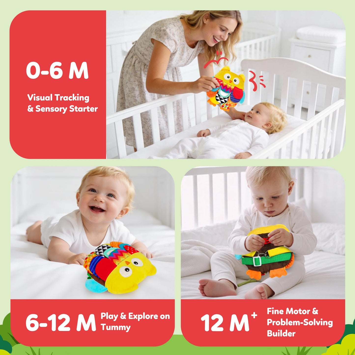 TSYAN Sensory Baby Owl Toy with Mirror, Crinkle & Squeaker–Tummy Time Educational Stuffed Animal for Infants 0-12 Months,Montessori Plush Toy Gifts for Newborns & Toddlers