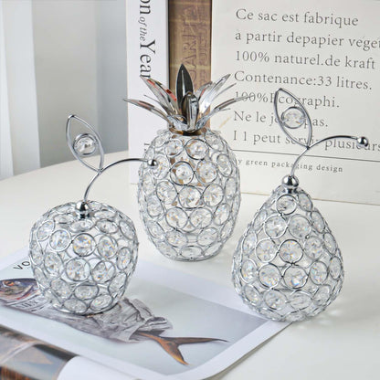 kehail Set of 3 Crystal Metal Pineapple Pear Table Centerpiece Handmade Crystal Candlestick Hollow Fruit Ornament Home Party Wedding Holiday Bar Decoration (Silver, Set of 3)
