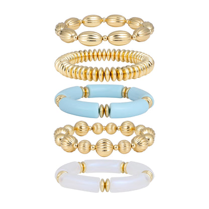 RISHEGAE Chunky Bangle Bracelets for Women Stackable Resin Bamboo Tube Bracelet Stretch Gold Beaded Bracelets Summer Beach Surfer Bracelets Gift Jewelry