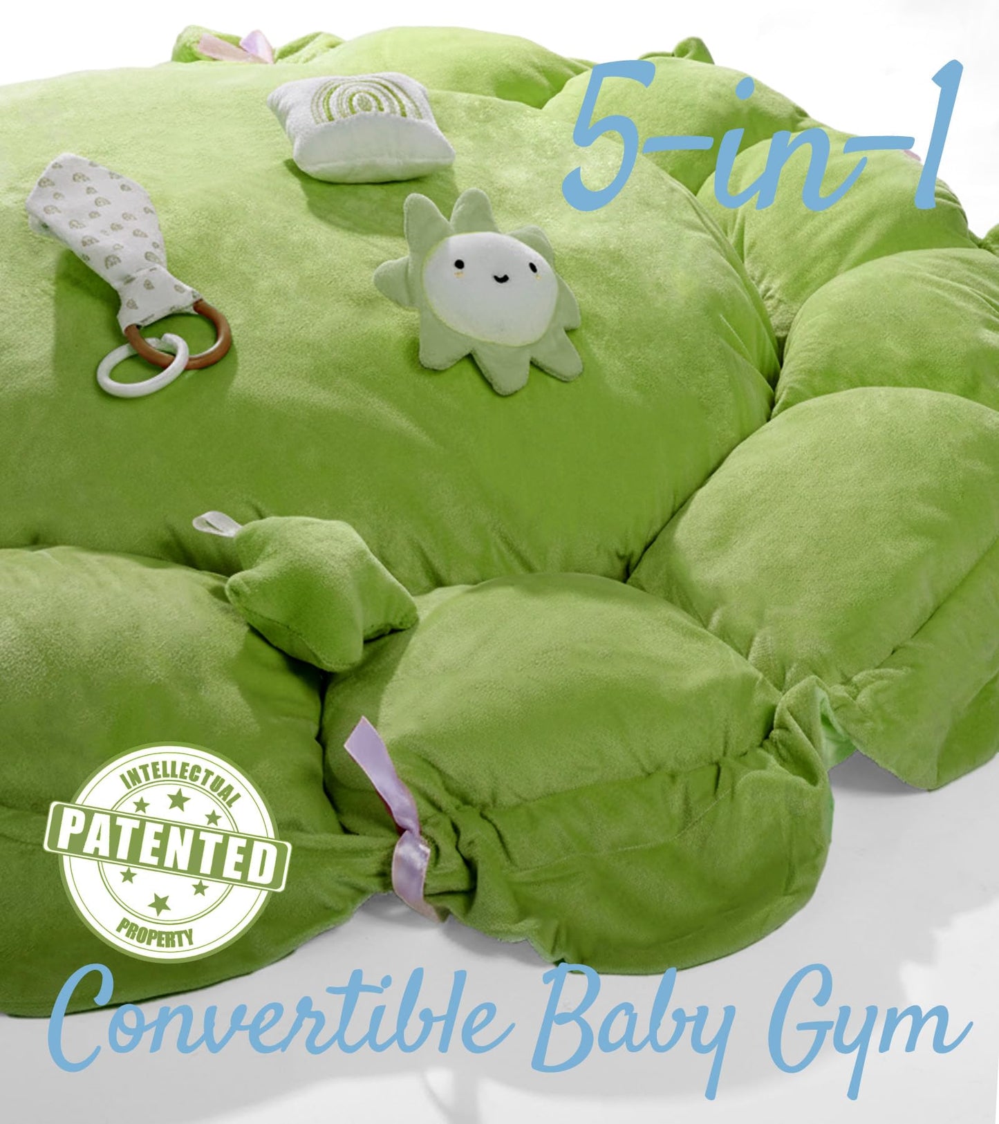 5-in-1 Thick & Plush Baby Play Gym, Baby Play Mats for Floor, Tummy Time Mat with 6 Toys, Convertible Stage-Based Developmental from Babies to Toddlers, Ball Pit, Green