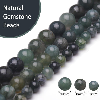 Chicager Natural Stone Beads for Jewelry Making,8mm Moss Agate Polished Smooth Round Gemstone Beads for Bracelet Necklace 15 Inch