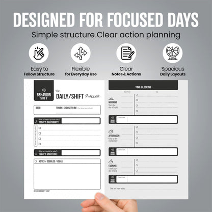 The Behavior Shift Daily Desktop Planner - 8.5 X 11 Inches undated Tear off Sheets - 13 week planning pad with checklist - Brain Dump Notepad for work, school & home organizer