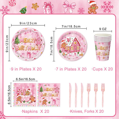 Oigco 120 Pcs Gingerbread Christmas Birthday Party Decorations, Includes Plates, Napkins, Cups, Cutlery for Gingerbread Christmas Party Decorations, Serves 20