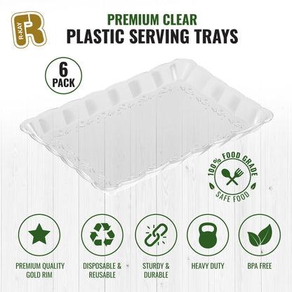 6 Pack Clear Plastic Serving Trays for Party, 9 x 13 Inch - Heavy Duty Plastic Trays for Food - Rectangular Party Serving Trays and Platters - Clear Disposable Trays