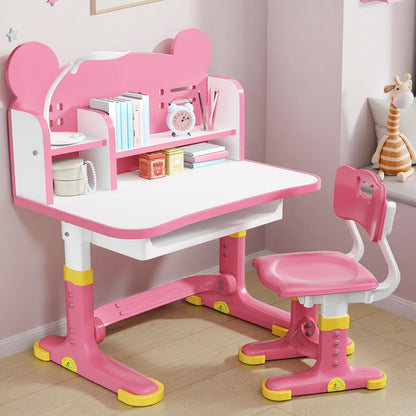 Xaperexi Kids Desk and Chair Set, Height Adjustable Child's School Study Writing Tables, Kids Desk with Bookstand and Storage Drawer, Widened Desktop with Desktop for Boys and Girls (Pink-F)
