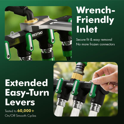 Restmo 4 Way Garden Hose Splitter Heavy Duty Full Metal Body, Full Flow Design with Oversized Ball Valve, Outdoor Faucet Spigot Adapter with Extended Levers, 3/4" GHT Thread - Green