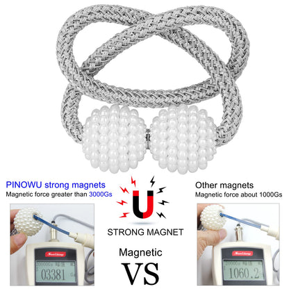 Pinowu [2 Pack] Magnetic Curtain Tiebacks Convenient Drape Tie Backs,Pearl Decorative Rope Holdback Holder for Small, Thin or Sheer Window Drapries (Gray)…
