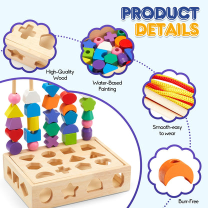 ZGIMI 3 in 1 Montessori Wooden Toys, Lacing Beads & Stacking Blocks & Shape Sorter Sequencing Toy Set, STEM Preschool Educational Learning Fine Motor Skills Toys for Toddlers 3 4 5 Years Gifts